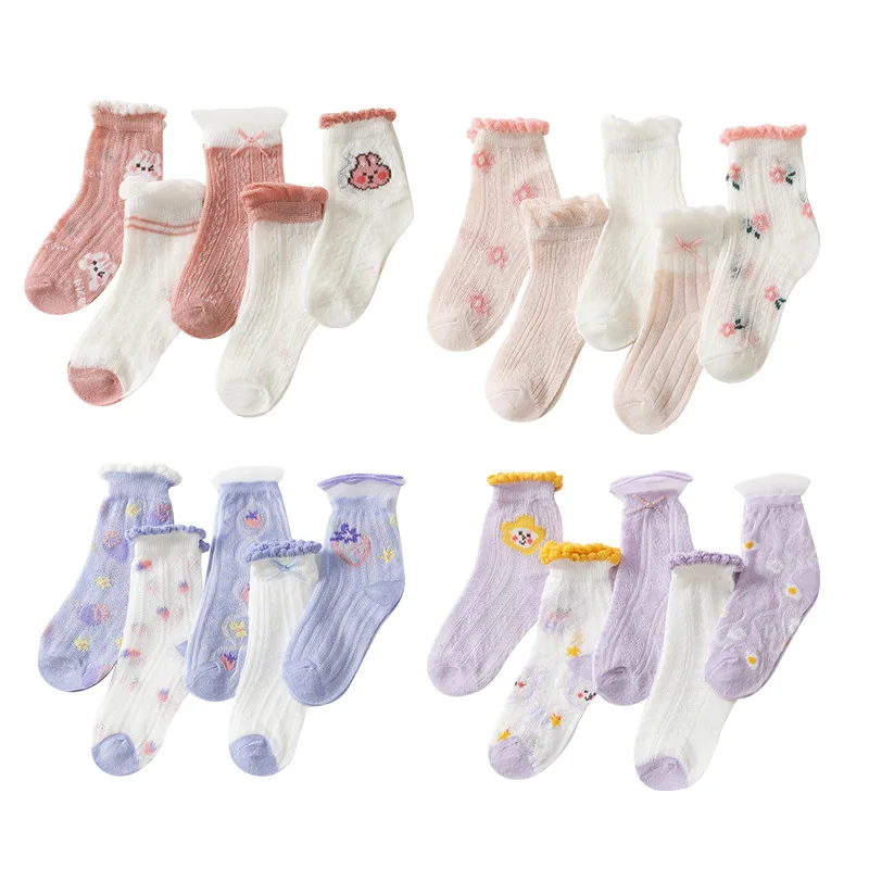 

5 Pairs /Set The Summer Is Coming Fancy Color Cute Lovely Cartoon Infant Baby Summer Thin Hollow Breathable Socks For Baby Girl