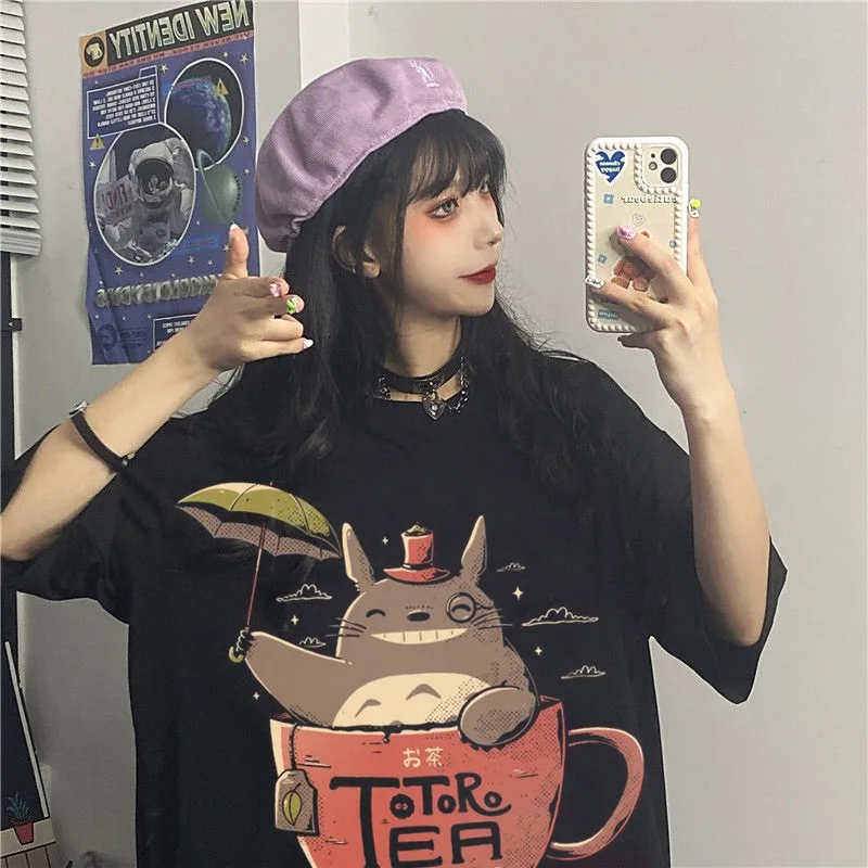 

Women Cotton T-shirts Harajuku Fashion Oversized Tee Shirts Totoro Graphic TShirt Funny Cartoon Tshirt 90s Anime Female Clothing