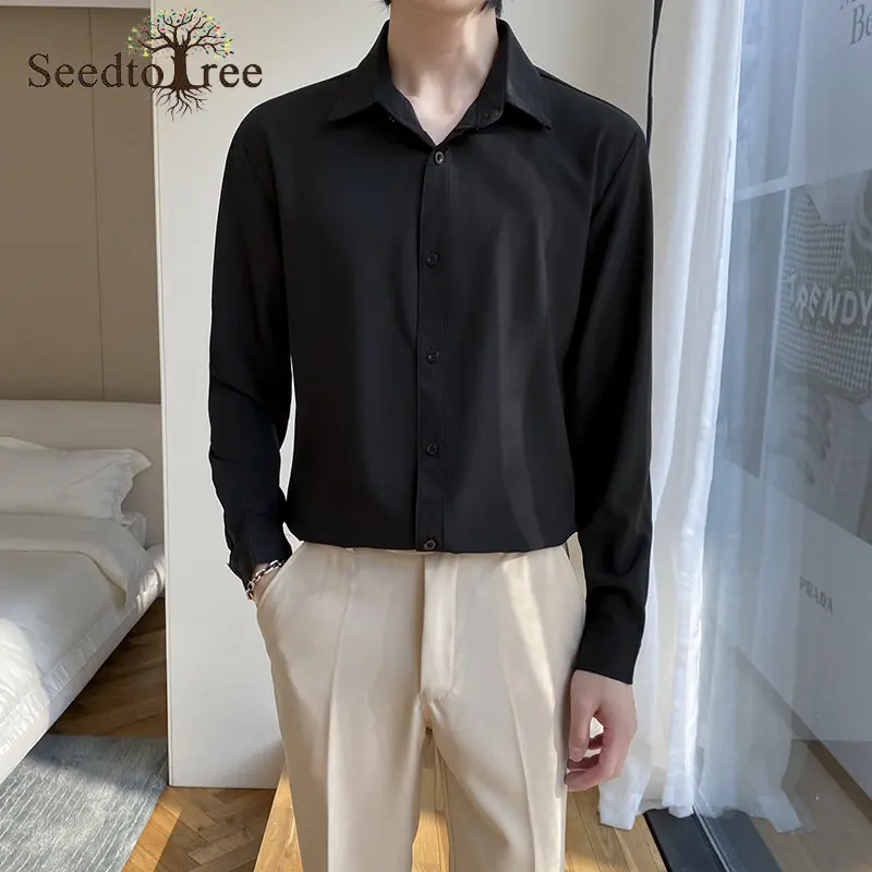 Spring and Autumn Men's Casual Shirts Solid Color Long Sleeve Lapel Single Breasted Shirts