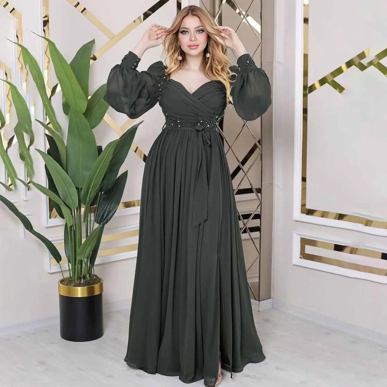 

GIOIO Sweetheart Luxury Formal Evening Dresses Pleat Long Sleeves فساتين سهرة Floor Length Elegant Prom Growns Party Women