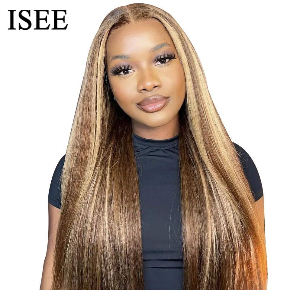 Wear Go Glueless Wig ISEE Hair Highlight 4/27 Brazilian Kinky Straight 6x4 HD Lace Glueless Wig Hman Hair Ready To Wear Pre Cut