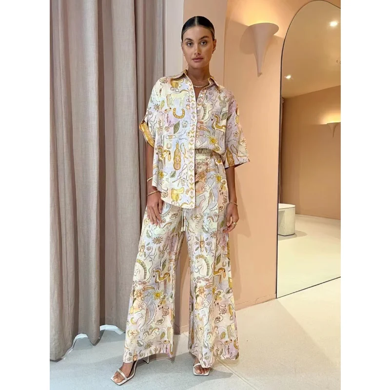 

Alem@is Women Linen Blouse Print Turn-down Collar Single Breasted Shirt or Elastic Waist Wide Leg Pants Set 2023