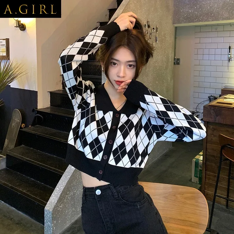 

Cropped Cardigan Women Argyle Preppy Retro College Fashion Knitwear Korean Style Cozy Slim Spring Teens Mujer Ins Leisure Soft