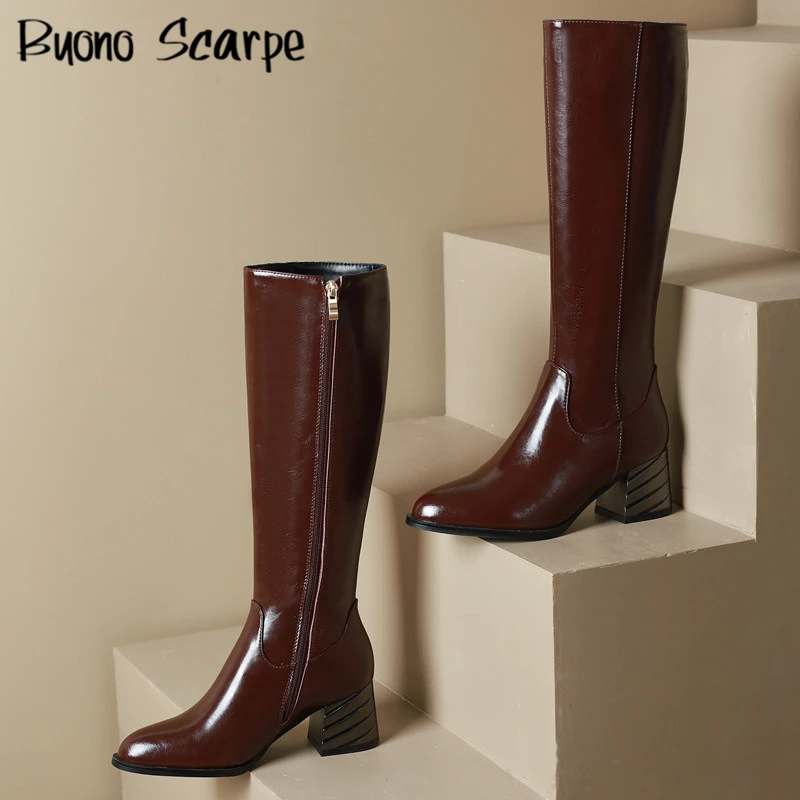

Women Chunky Concise Knee High Boots Zip Soft Leather Long Boots High Heel Fashion Office Lady Shoes Autumn Winter Botas Mujer