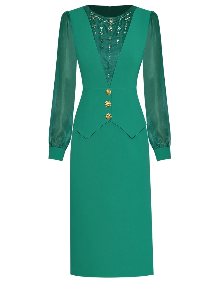 

Runway Spring Autumn Women's New Designer High Quality Casual Party Celebrity Elegant Long Sleeve Round Neck Diamonds Slim Dress