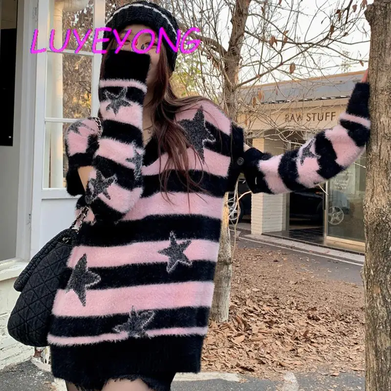 

Свитер полосатый со звездами Y2k, свитер со съемными рукавами и V-образным вырезом для девушек, женский розовый и белый пуловер, свитер, модная...