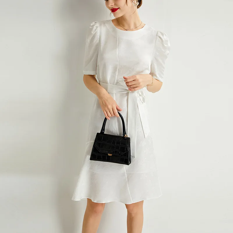 Silk Dresses for Women O-Neck Laced Up Slim Waist Puff Sleeve Silk Jacquard Fabric Ruffles Dress White Dress FS2319
