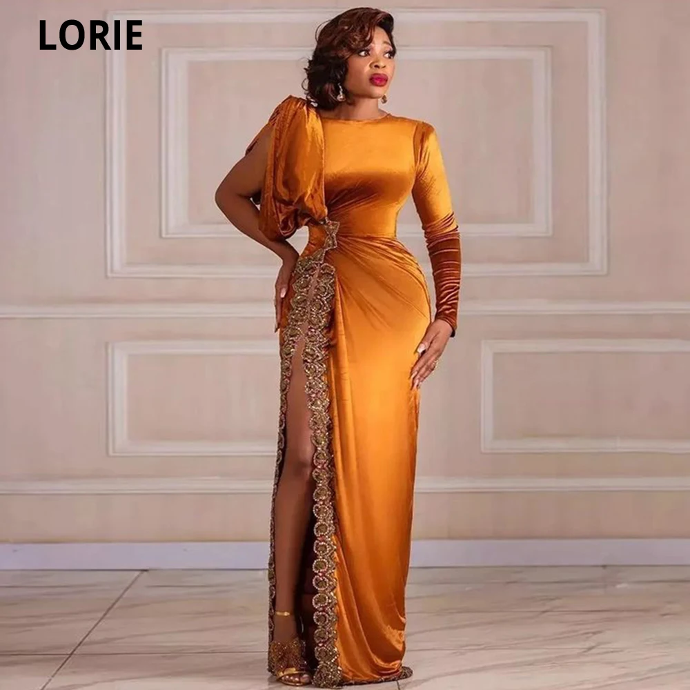 

LORIE Gold Long Sexy Slit Prom Dresses Velour High Neck Long Sleeves Evening Dress Formal Dubai Africa Party Gown Robe De Soiree