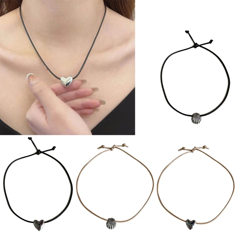 

Fashion Brown Black Rope Necklace Women Adjustable Elegant Heart Pendant