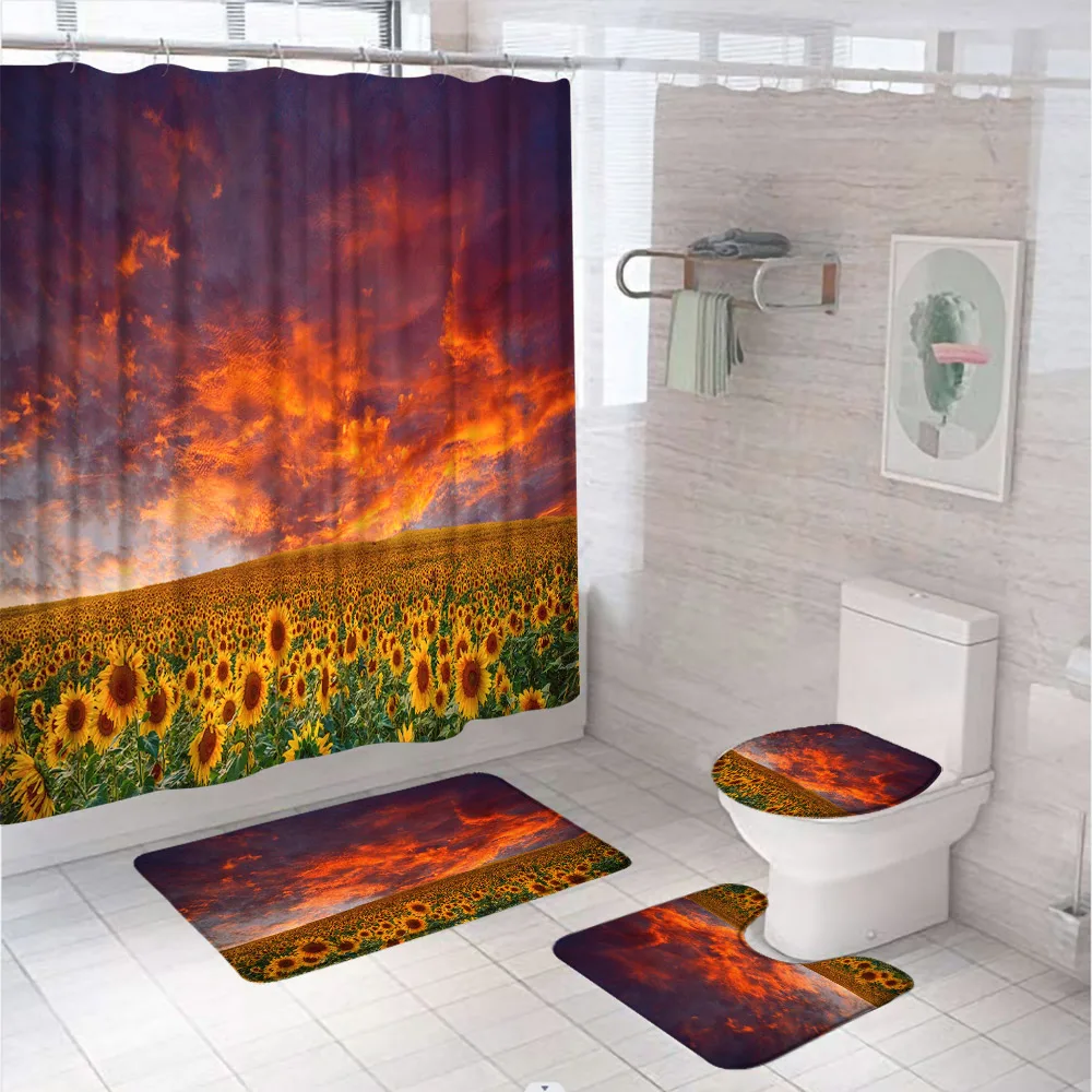 

Autumn Sunflower Flower Field Shower Curtain Set Rural Floral Sunset Glow Bathroom Screen Bath Mat Toilet Seat Cover Carpet Rugs