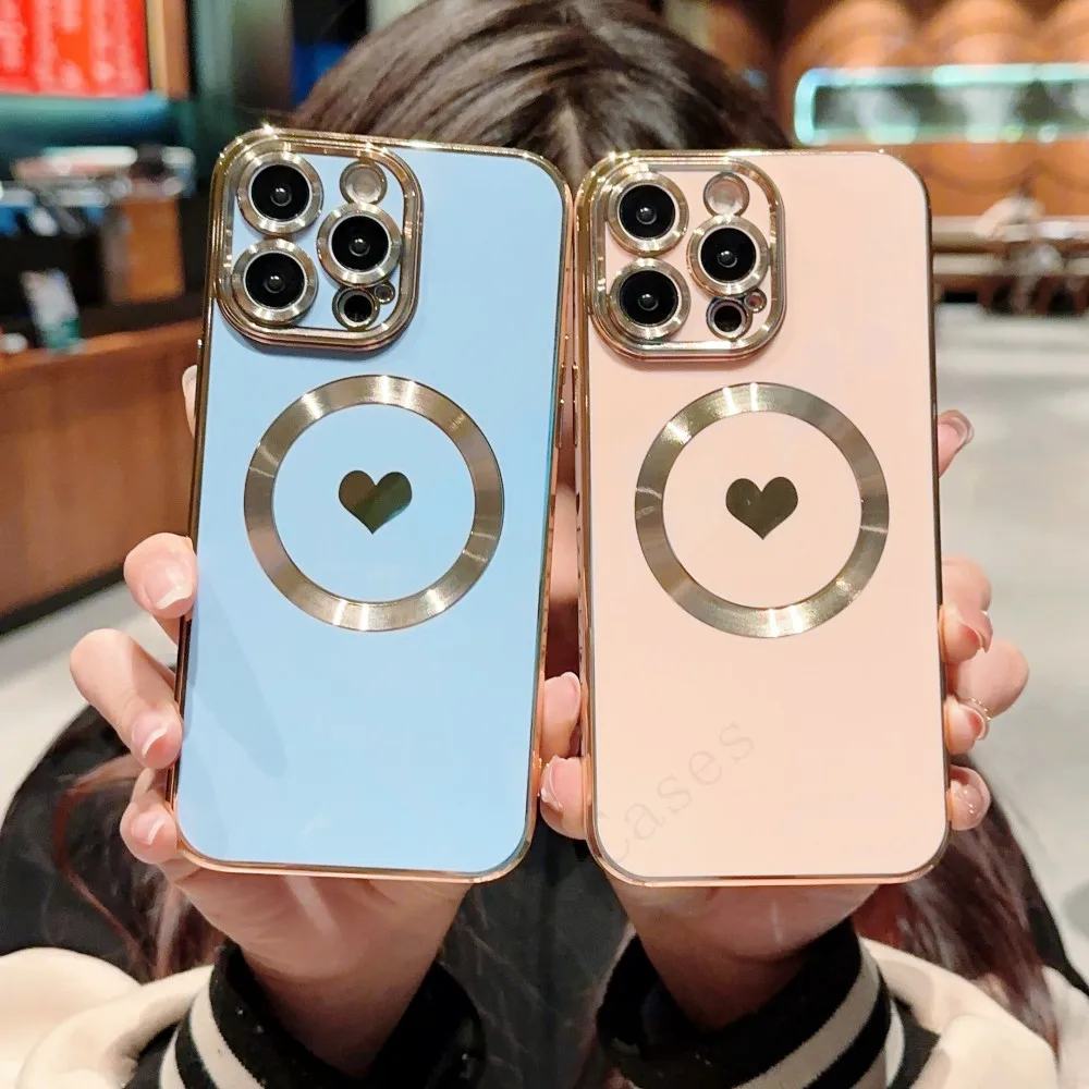 

Cute Heart For Magsafe full lens film Plating Phone Case For iPhone 14 13 12 11 Pro Max Plus + XR XS MAX 8 Plus Cover