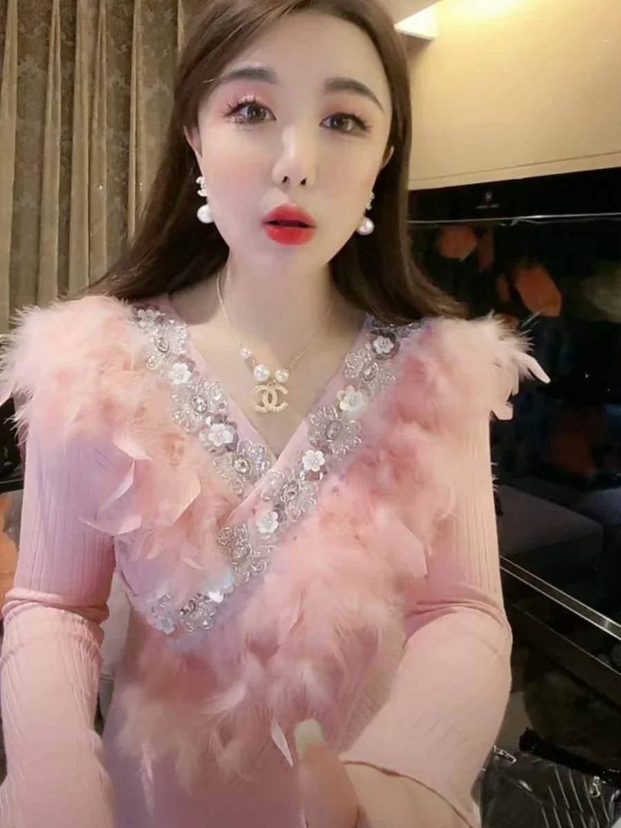 Вязаный свитер с блестками и цветами перьями для тяжелой промышленности джемпер