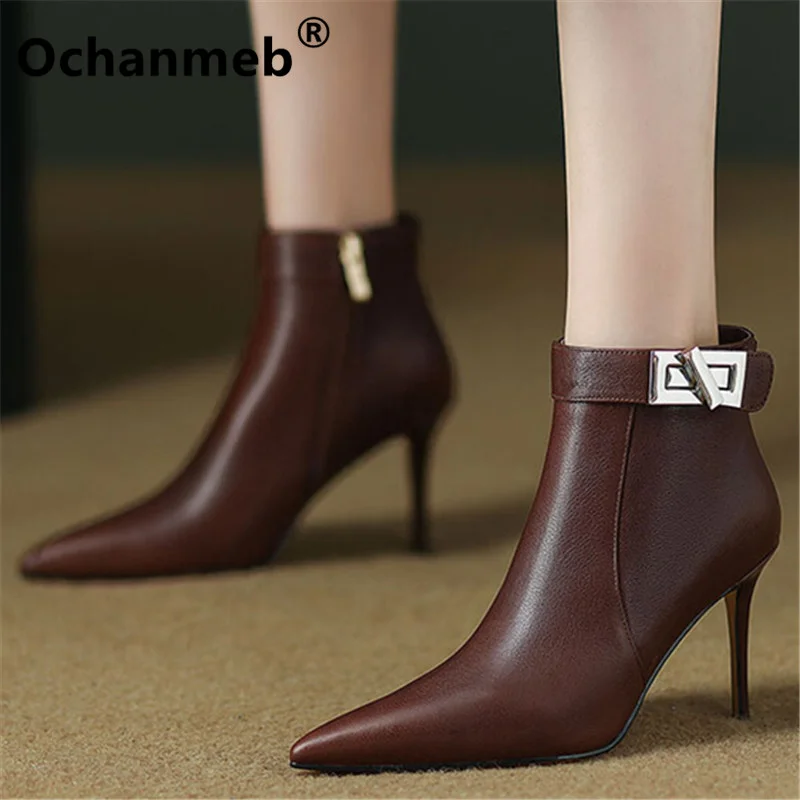 

Ochanmeb Brand Metal Turn Lock Women Genuine Leather Boots Sexy Thin High Heels Pointy Toe Short Boot Ladies Autumn Winter Shoes