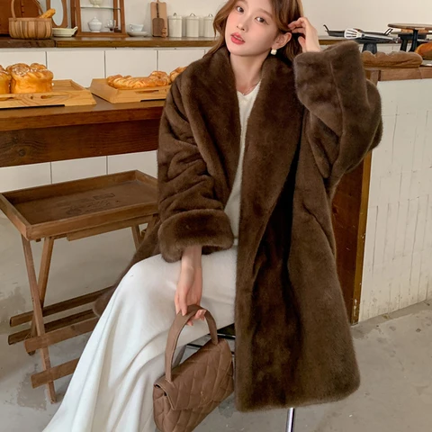 Женское теплое меховое пальто с толстым отложным воротником, свободное пальто миди длиной кофейного цвета, топы для женщин Casaco Feminino