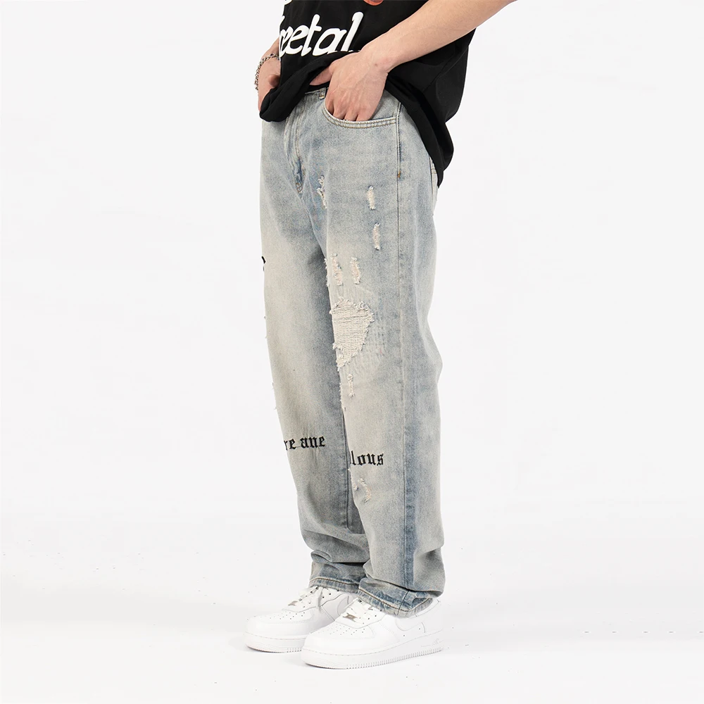 Europe and America High Street Ripped Jeans Men's Embroidery Design High Street Retro Washing Trend Ins Pants Street Clothing