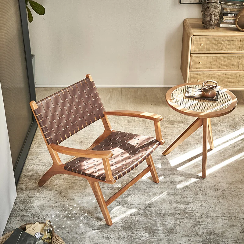 

Nordic balcony solid wood sofa chair luxury saddle leather leisure lounge chair B&B home armchair