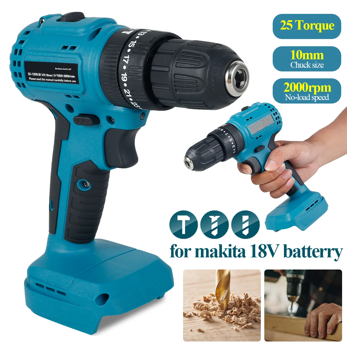 

Cordless Drills 2000 RPM Electric Brushless Impact Drill High-Power Hammer Screwdriver Compatible with 18V Battery Rotary Tool