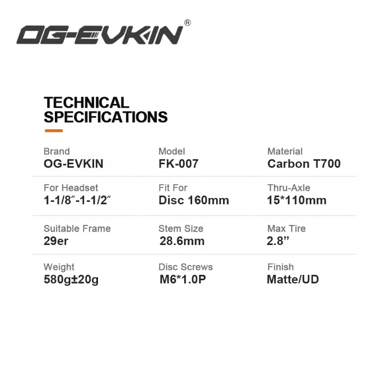 OG‑EVKIN FK‑007 Карбоновая жесткая вилка для горного велосипеда 29er BOOST, сквозная ось 15x110 мм, конический шток 1‑18‑1‑12, черная передняя вилка для велосипеда. (art.: 3920dd321db9f) - 3920dd321db9f