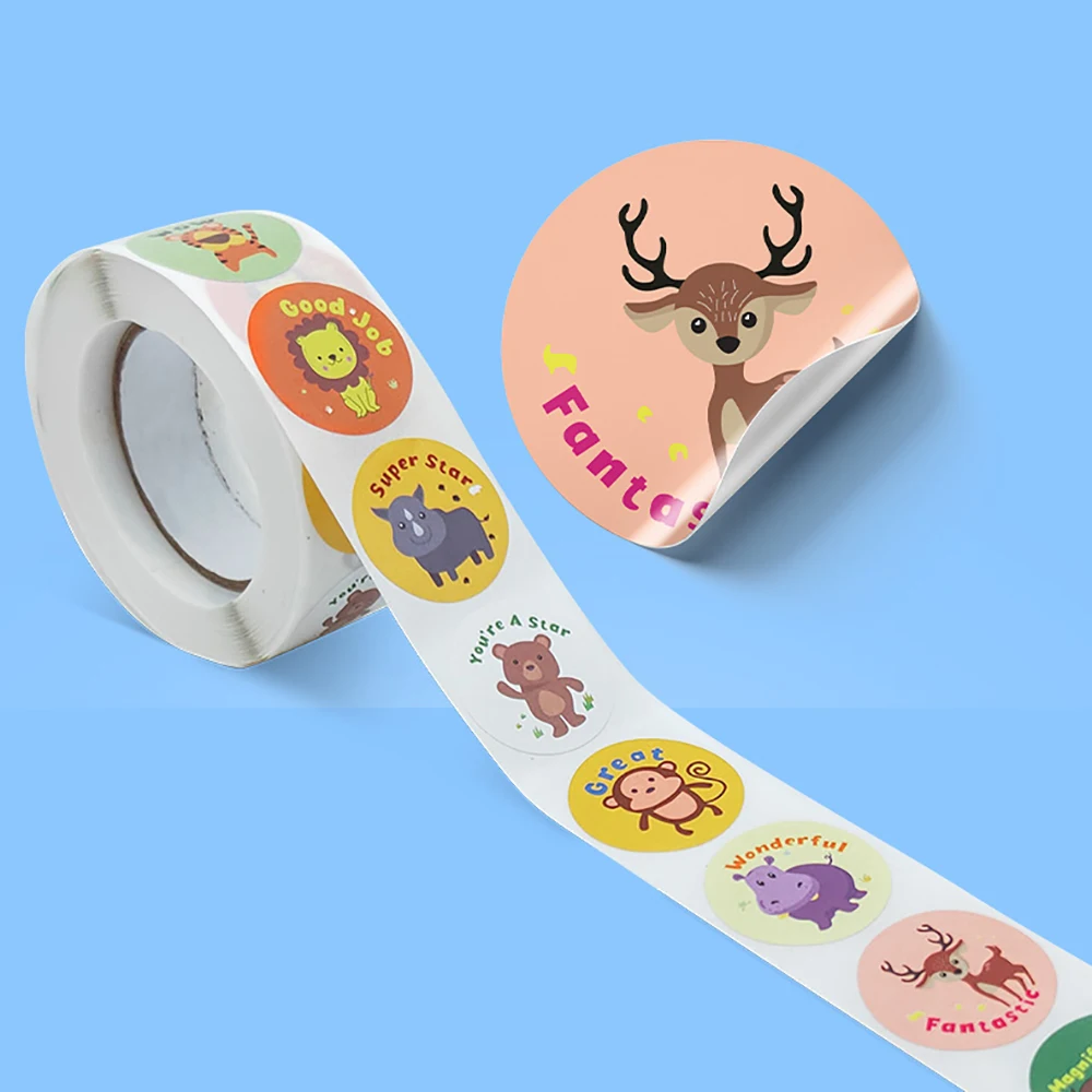 

50-500pcs Round Animals Cartoon Sticker Encourage Sealing Label School Teacher Reward Sticker Kids Classic Toy Sticker Labels