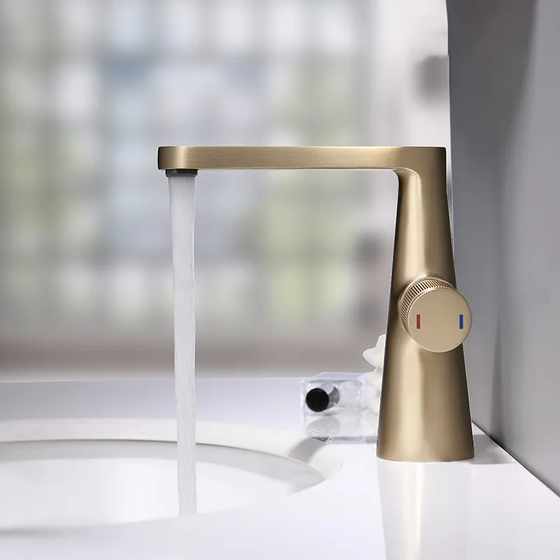 

Brushed Gold Bathroom Basin Solid Brass Sink Mixer Faucets Hot & Cold Single Handle Deck Mounted Lavatory Crane Water Taps