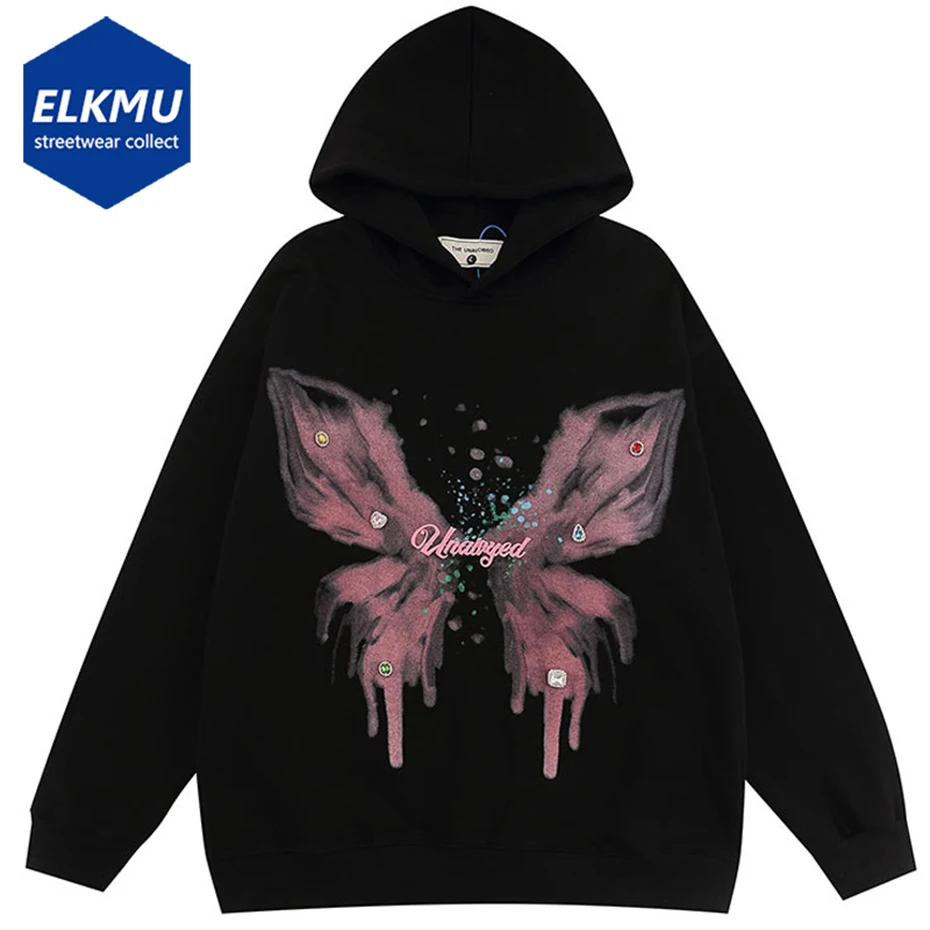 

Hip Hop Hoodie Y2K Streetwear Harajuku Rhinestones Butterfly Graphic Print Hooded Sweatshirt 2023 Punk Loose Oversized Pullover