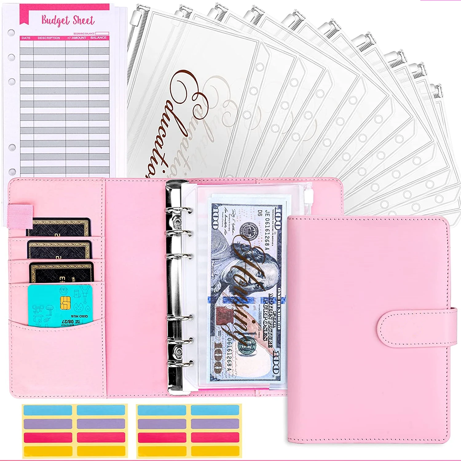 

A6 PU Leather Notebook Binder Budget Planner Cash Envelopes with 12 Binder Pockets, Budget Sheets and Stickers,for Saving Money
