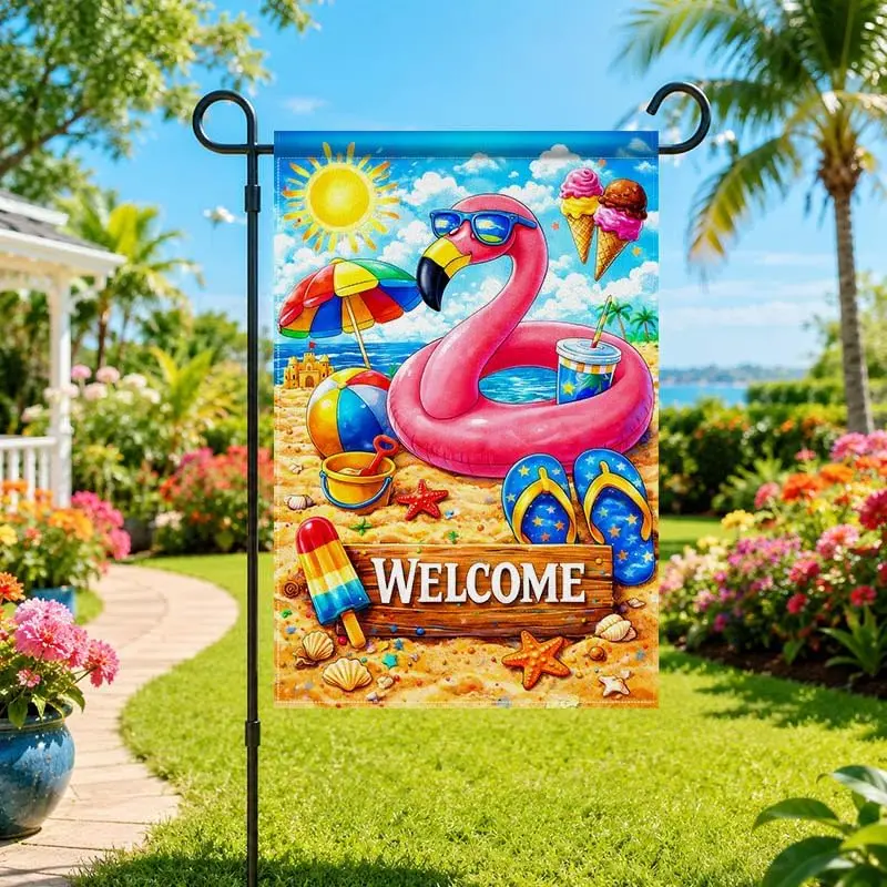 Фото Флаг для сада IVN Summer Garden Flag, 12 x 18 дюймов, розовый фламинго, двусторонний, декоративный, из мешковины, для бассейна, двора, пляжа, летнего отдыха №4