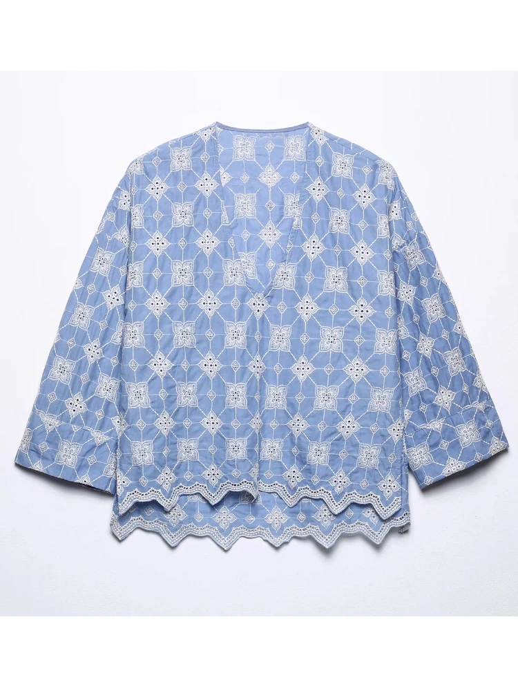 

BBWM 2022 винтажная Весенняя женская Повседневная рубашка с вышивкой, модная женская блузка с V-образным вырезом и длинным рукавом, Повседневная Свободная шикарная