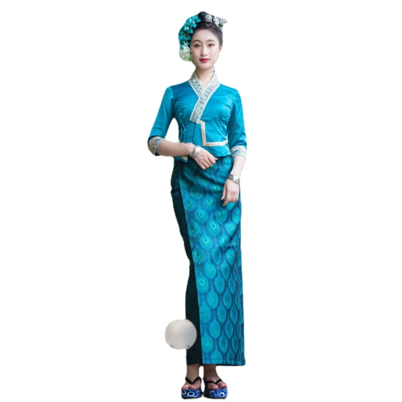 Thailand Traditional Clothing for Women Blouse Embroidered Tube Skirt Thai Dress Asian Clothes Folk Style