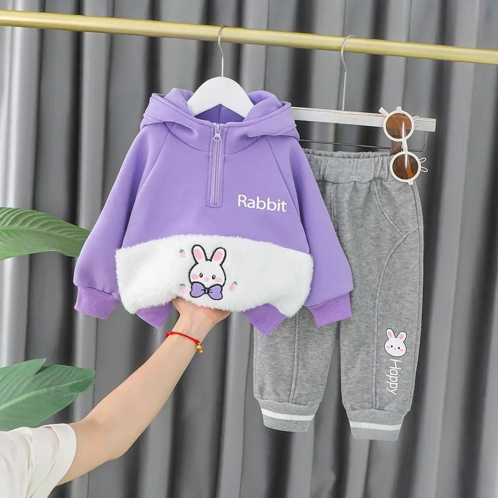 

Laura Kors Winter Children Sets Long Sleeve Hooded Fleece Print Rabbit Pink 2Pcs 2022 New Infantil Menina Clothes Sets 12M-5Y