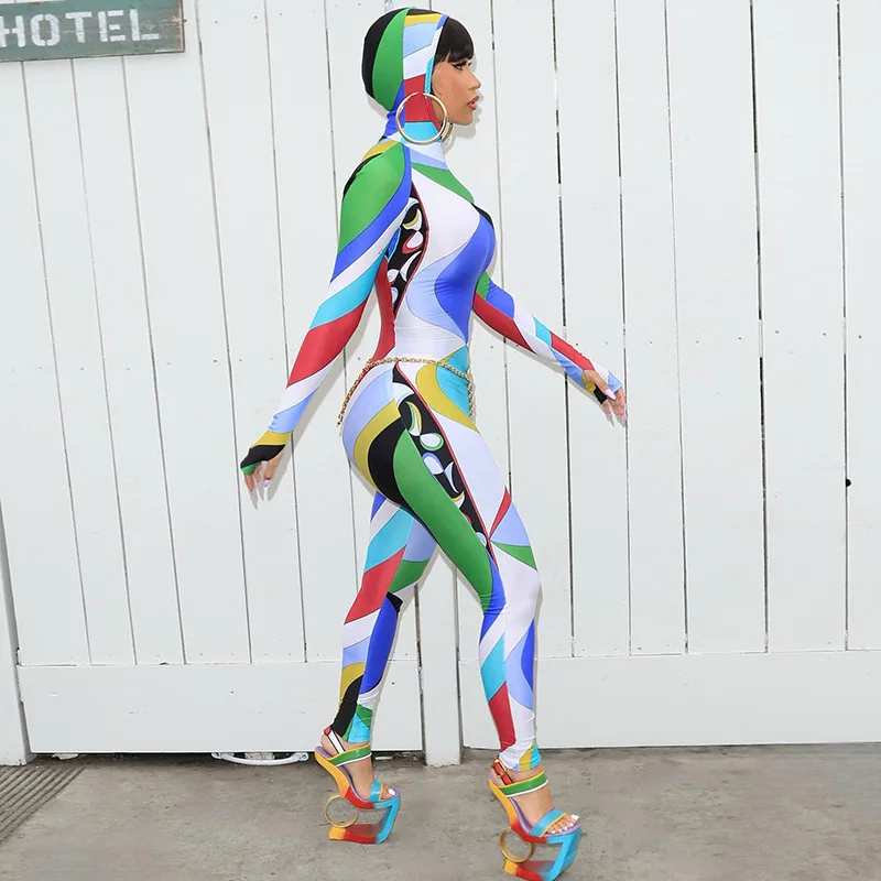 2023 Summer New Women's Fashion Print Long Sleeve Hooded Slim Fit Casual Bottom Jumpsuit