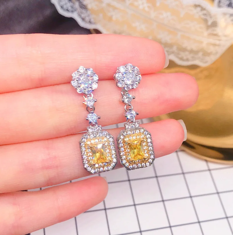 

ANGLANG Dainty Princess Cut Yellow Cubic Zirconia Dangle Earrings Women Wedding Ceremony Party Bridal Accessories Trend Jewelry