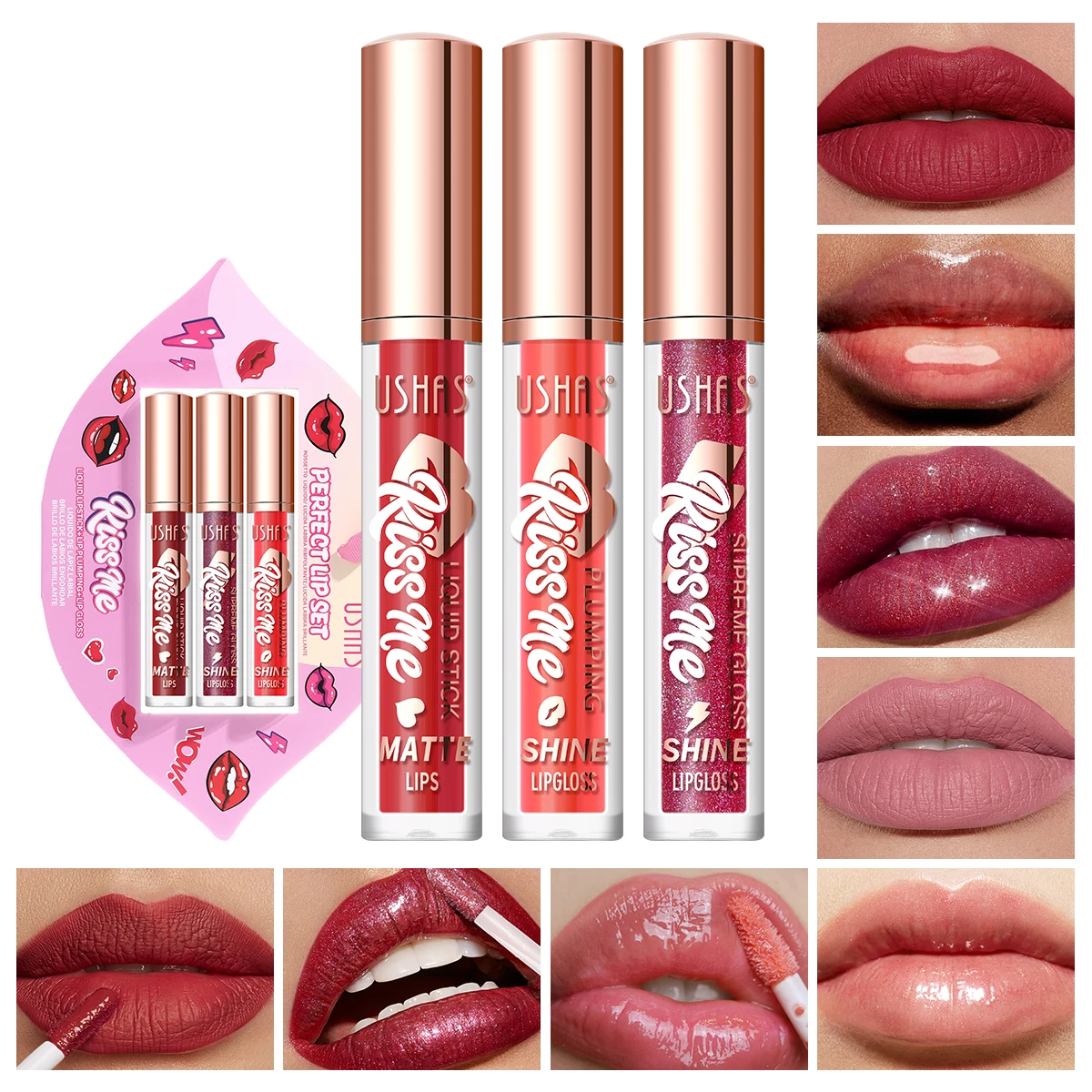 Набор Блесков Для Губ USHAS 3 Шт. Увлажняющий Стойкий Блеск + Пухлая Губа Жидкая