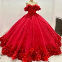 2022 red quinceanera dress 3d flowers appliques lace ball formal gowns off the shoulder sweet 15 16 dress vestidos de 15 a%c3%b1os