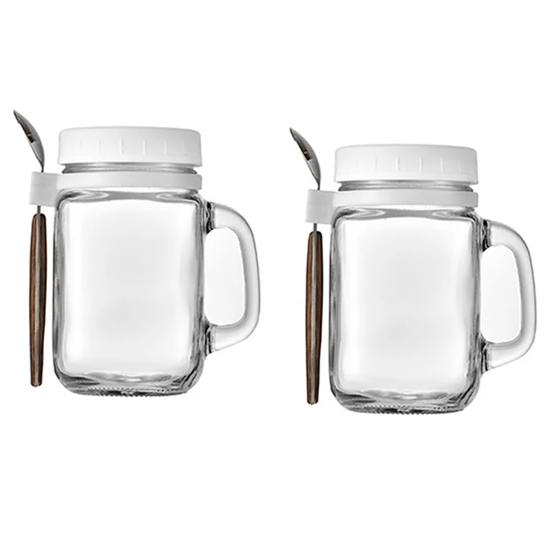 

2 Pieces Glass Containers Milk Cup With Handle And Spoon, Glass Storage Jars , Reusable Leak-Proof Cups For Travelling