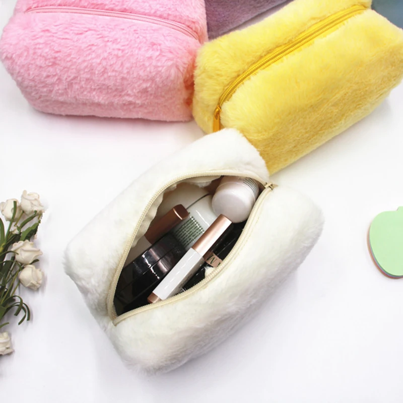 

1 Pc Warm Winter Solid Color Fur Makeup Bag Women Soft Travel Cosmetic Bag Organizer Case Lady Make Up Case Necessaries
