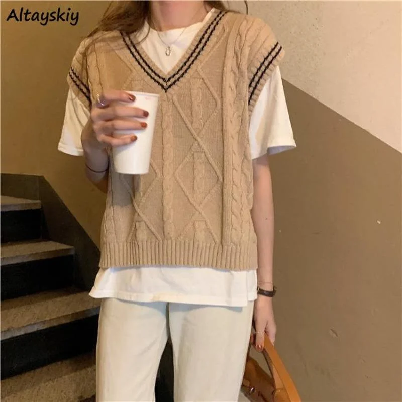 

Retro Sweater Vests Women Panelled All-match Leisure Preppy Style Loose Simple Design Ins Daily Stylish Students Autumn Classic