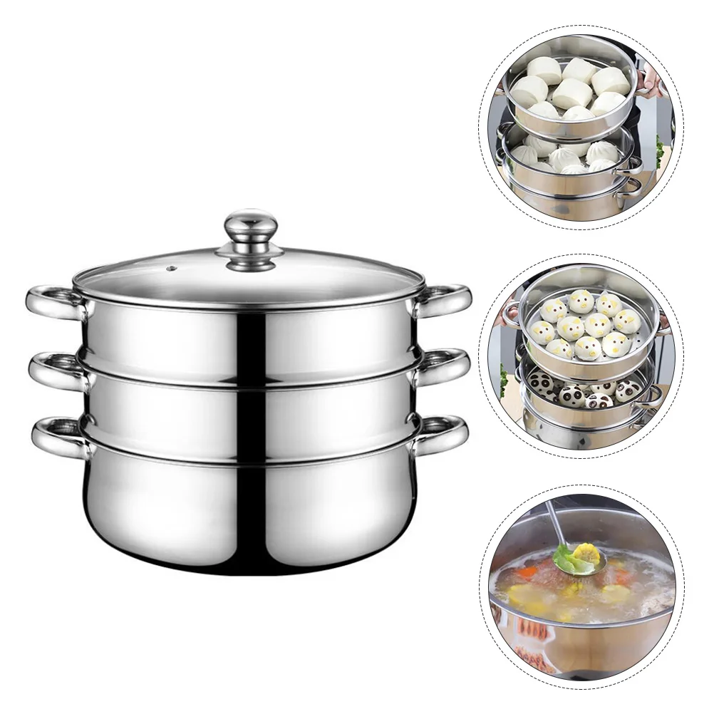 

Stainless Steel Cookware Soup Pot Steaming Three Layer Steamer Metal Home Cooker