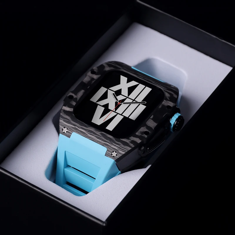 Carbon Fiber Modification Kit For Apple Watch 8 7 Rubber Luxury Metal Frame Set for iWatch 6 5 4 SE 44MM 45MM Stainless Steel