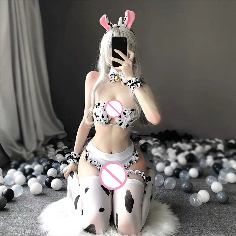 

Japanese Cos Cow Cosplay Costume Maid Tankini Bikini Swimsuit Anime Girls Swimwear Clothing Lolita Bra and Panty Set Stockings