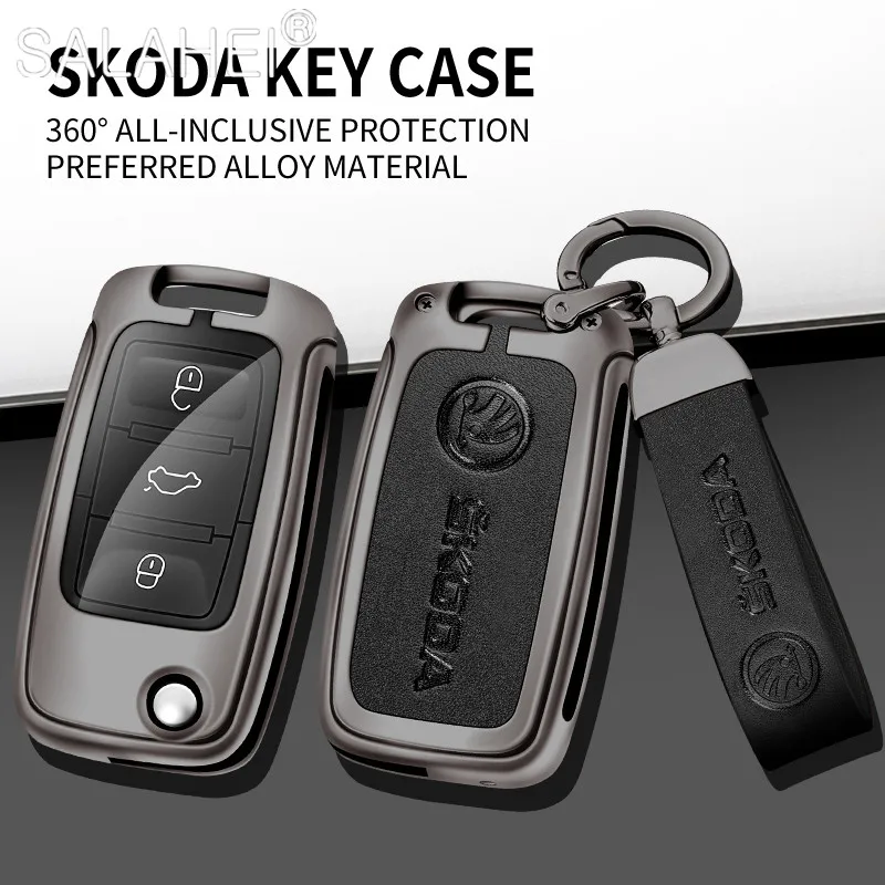 

Metal&Leather Car Key Case Cover Holder Bag Protection Fob For Skoda Octavia A5 A7 Superb Kodiaq Fabia Auto Keychain Accessories