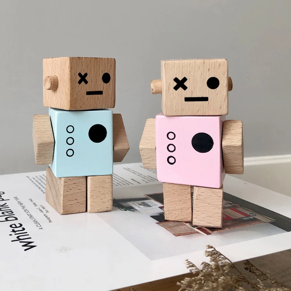 

Nordic Style Children's Room Decoration Wooden Robot Ornaments Can Twist Handmade Small Robot Wooden Toys Baby Room Ornaments