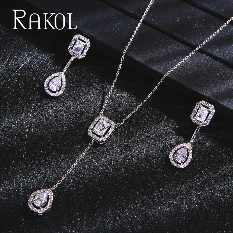 

RAKOL Trendy Wedding Necklace Earrings for Women Accessories Full Cubic Zirconia Bridal Jewelry Sets Pendientes Mujer Moda