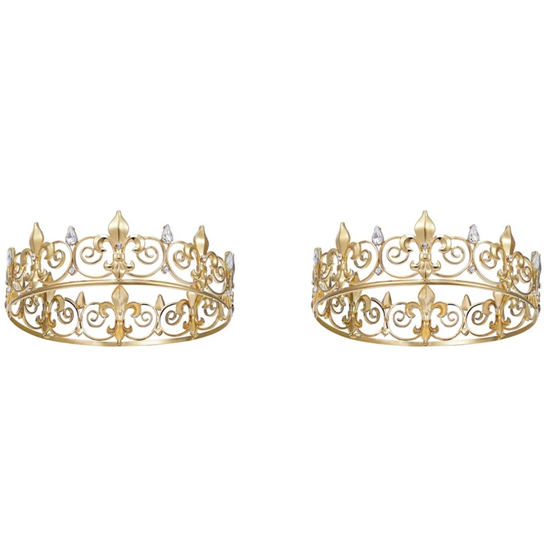 

2X Королевская корона для мужчин-металлические короны и диадемы принца, полная круглая искусственная кожа, средневековые аксессуары (золото)
