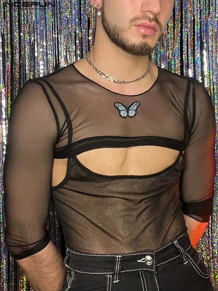 

Sexy Leisure Tops New Men Breathable Mesh Butterfly Short Camiseta INCERUN 2022 Male Hot Sale Thin T-Shirts Two-piece Sets S-5XL