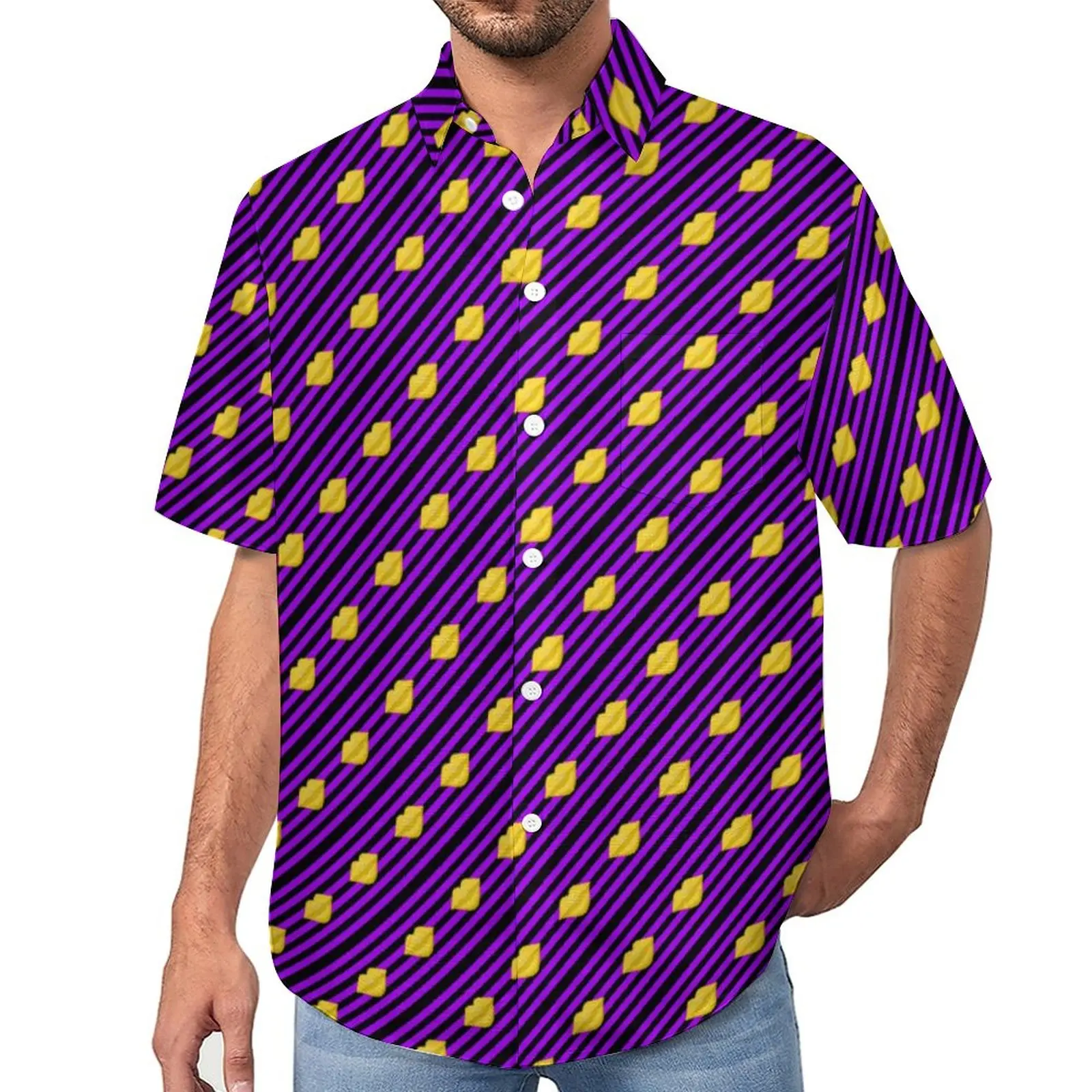 

Yellow Kiss Lips Beach Shirt Purple Black Stripes Summer Casual Shirts Men Y2K Blouses Short-Sleeve Graphic Clothes Plus Size
