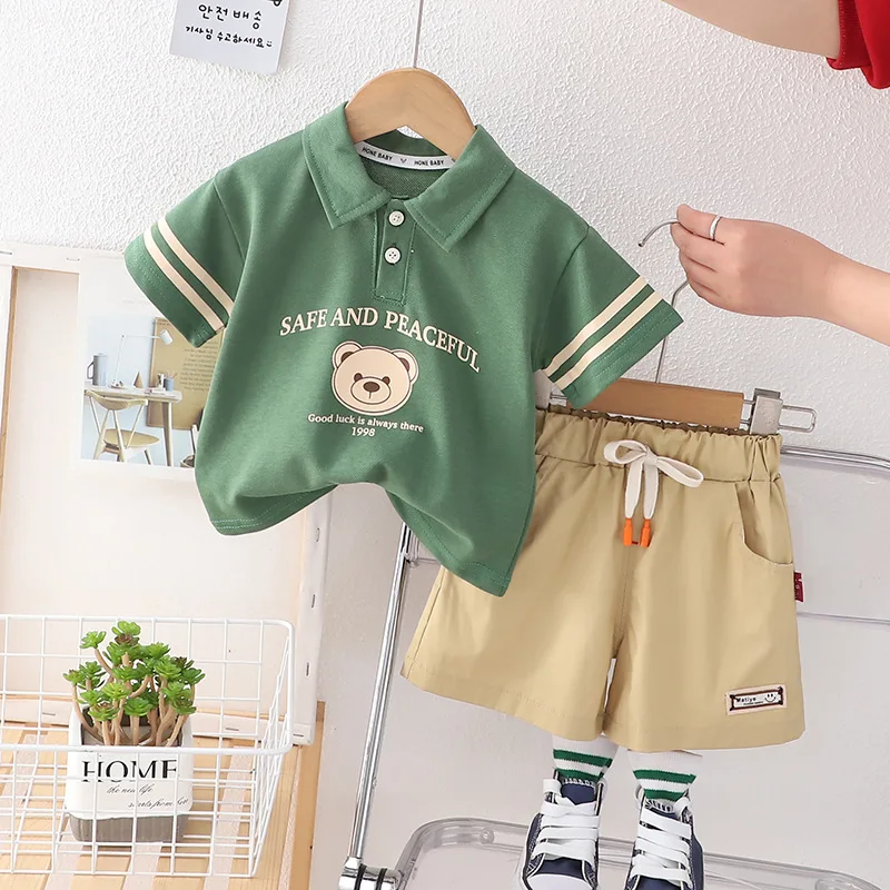 

Summer Baby Boy Cotton Clothes Set Infant Kids Polo Tshirt Top and Cargo Shorts Buttom Suit Children's Cartoon Bear Outfits