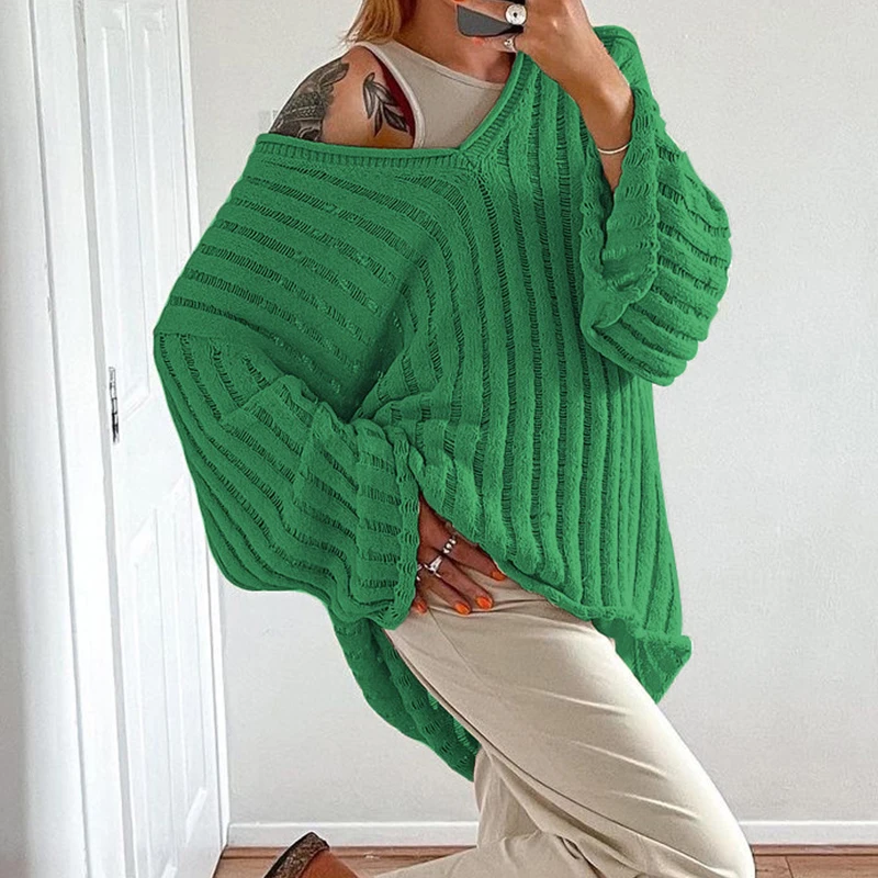 

Повседневный однотонный вязаный пуловер с V-образным вырезом и длинным рукавом, Осенний Модный женский свитер в полоску, 2022, шикарный элеган...