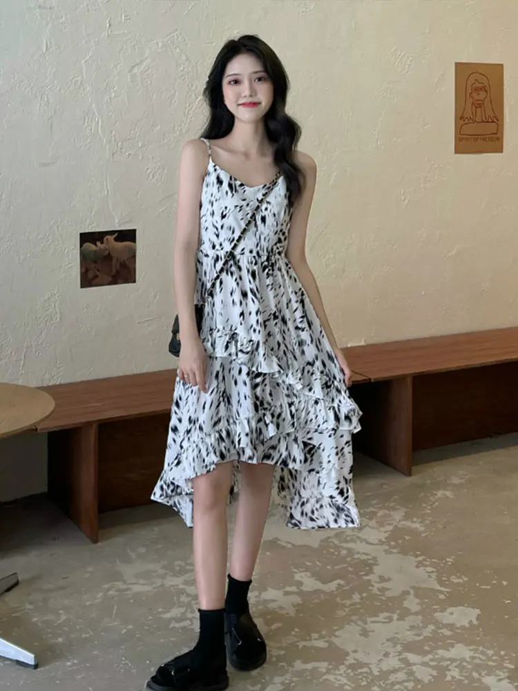 

Summer Women's Dress Printing Design Ruffles Women Midi Dresses Sleeveless Suspenders Party Robe Femme Irregular Sundress Female