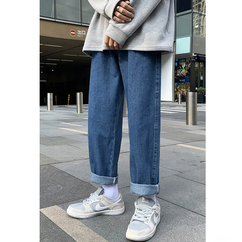 Autumn New Baggy Boyfriend Jeans Men's Blue Black Fashion Korean Straight Pants Casual Solid Students Wide-leg Denim Trousers